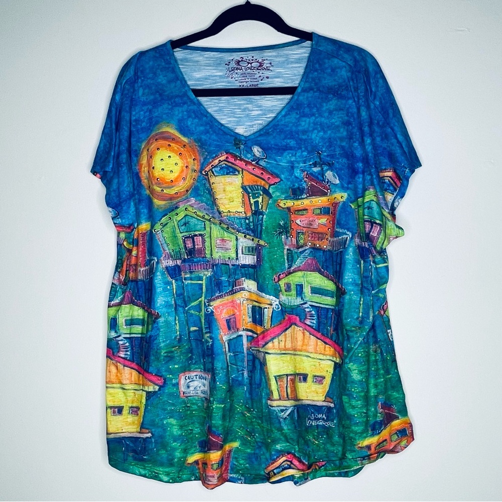 Leoma Lovegrove colorful tropical island house design shirt with rhinestones XXL